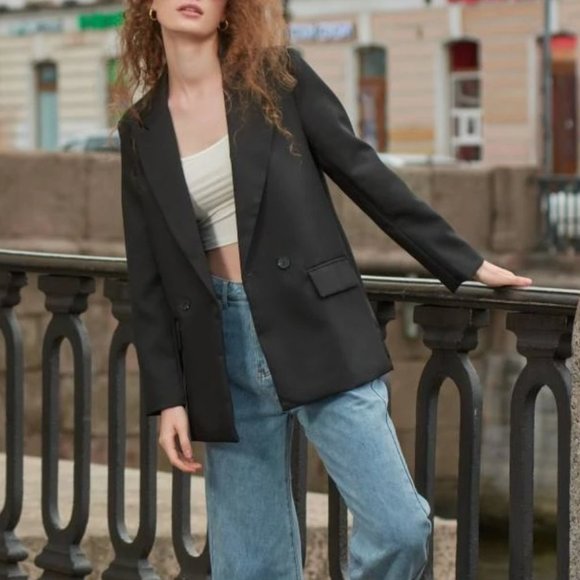 Double Breasted Lapel Neck Blazer black - Picture 12 of 16